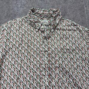 J.Crew Linen Shirt Men M White Green Red Geometric Print Classic Short Sleeve
